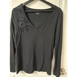 NEW YORK & COMPANY BLACK LONG SLEEVE TEE TOP SHIRT EMBELLISHED COTTON Size M